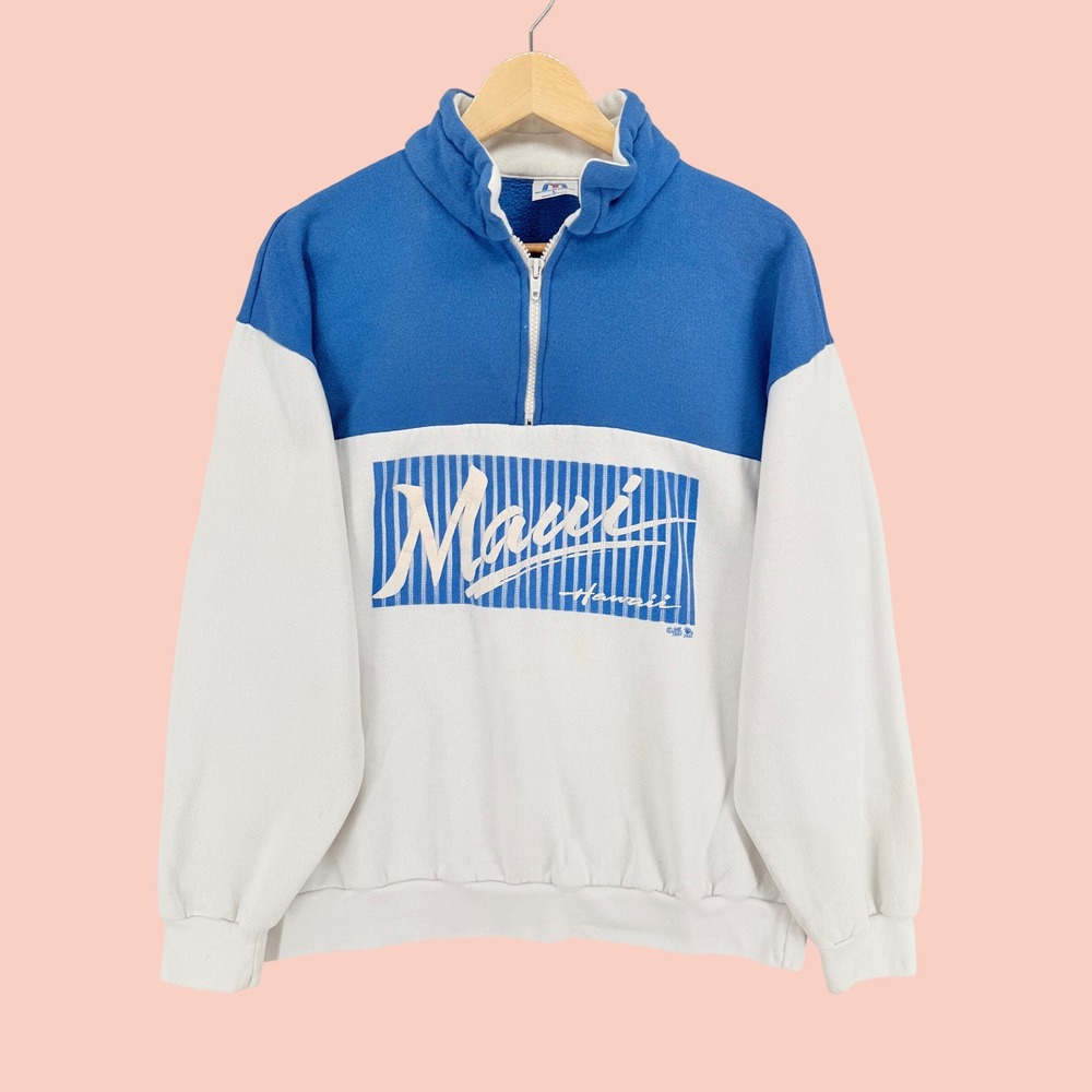 Vintage 1990 Maui Hawaii Quarter Zip Sweatshirt Model T Colorblock Blue White L